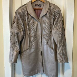 Vintage Women’s Embroidered Gray Clay Tone Leather Jacket Distressed Boho Unique